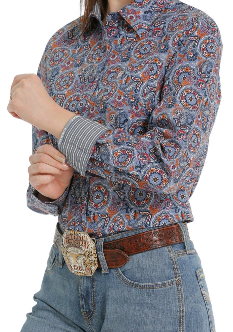5696)Cinch Women XS Light Blue Orange Medallion Paisley Long Sleve Wester Shirt